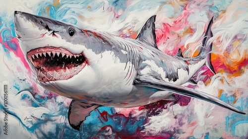 A vibrant depiction of a great white shark swimming through colorful, abstract waves.