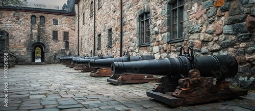 Ancient Cannons Aligned in a Fortress Courtyard