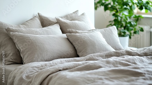 A soft, natural linen bedspread with multiple pillows, arranged in a cozy and inviting way