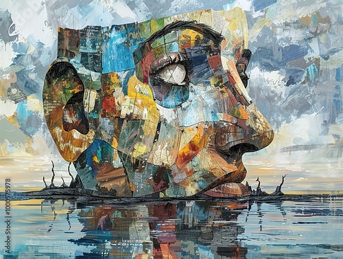 Abstract Collage Portrait with Water Reflection