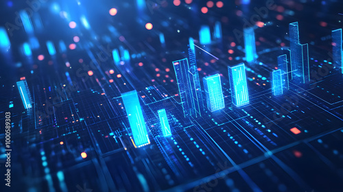 A blurred background with a blue finance graph and investment bar, showcasing growth and success in the market with technology currency reports chart. Business stock world economy AI computer