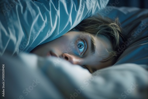 Close-up of a wide-eyed person lying in bed, looking scared and anxious, unable to sleep during the night.