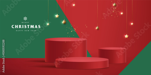 Merry Christmas banner with product display cylindrical shape