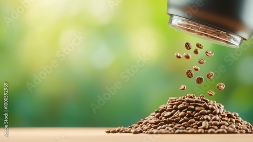 Coffee beans being poured out of a bottle onto a wooden floor natural environment