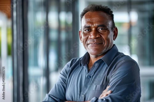 Portrait of successful senior Papua New Guinean businessman consultant looking at camera and smiling inside modern office building , background blur