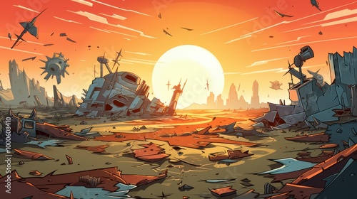 A Post-Apocalyptic Sunset Landscape with Scattered Wreckage