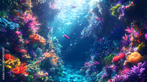 Underwater kingdom, glittering underwater kingdom ruled by merfolk amidst colorful coral reefs and exotic sea Merfolk Kingdom. Illustration