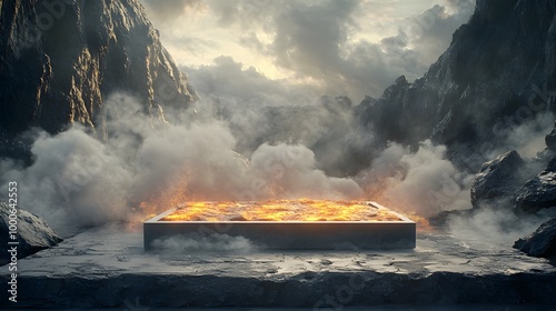 1. A dramatic 3D scene featuring a lava podium set against a volcanic backdrop, with molten rock and smoke billowing around, creating an intense atmosphere for product display on a stone floor