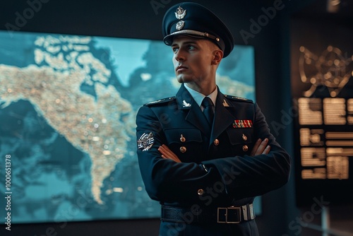 A commanding officer, dressed in full military attire, examines a detailed map in a war room with intense focus and resolve.