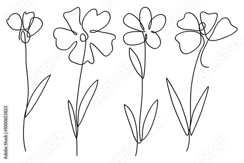 Single line art vector flower illustration collection.One continuous line art.Flowers collection