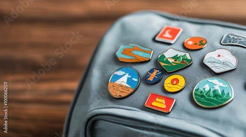 A collection of travel-themed pins and badges on a backpack, pins, badges, backpack