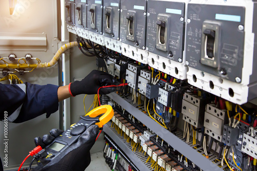 Electrical and electricity service technician checking electric current voltage at circuit breaker terminal and cable wiring in main power distribution board panel for safety maintenance system.