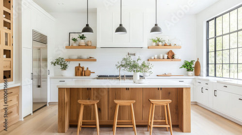 Modern kitchen design features spacious layout with an island, wooden accents, and stylish decor. bright space is enhanced by natural light and greenery, creating warm atmosphere