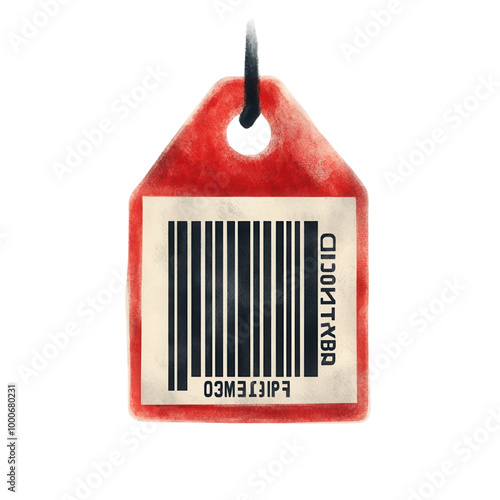 Vintage red price tag with barcode, ideal for shopping, retail, and inventory themed designs or marketing materials isolate on transparency background PNG.