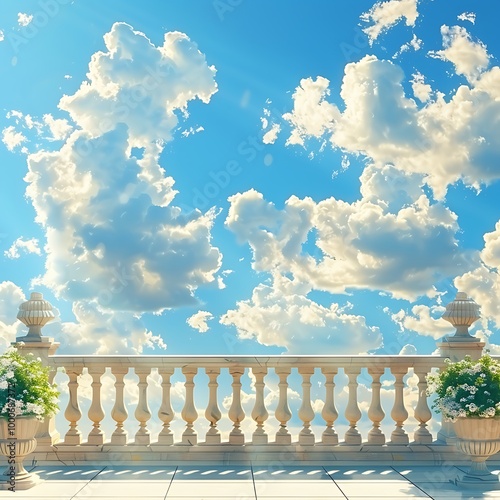 White balustrade with flowers on a background of blue sky with clouds