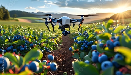 Dynamic aerial displays of blueberries in motion highlighting organic farming and AI-driven innovation