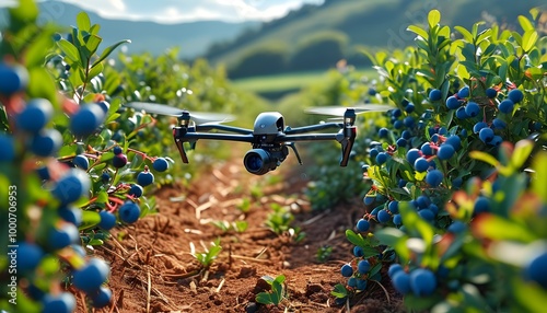 Dynamic aerial displays of blueberries in motion highlighting organic farming and AI-driven innovation