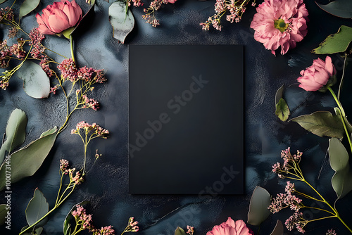 Stylish elegant flat lay black floristic greeting invitation post card with copy space mockup.