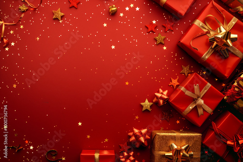 Christmas background card with red gifts and copyspace copy space created with generative ai