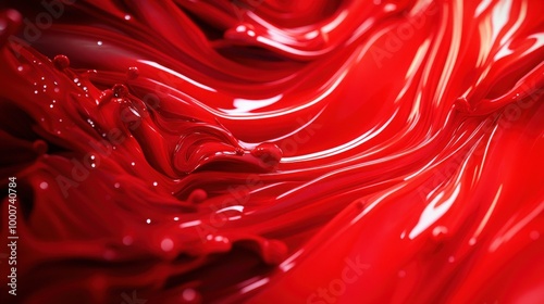 Abstract red liquid texture with glossy waves and smooth reflections.