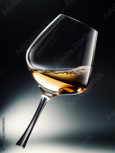 A tilted wine glass with white wine