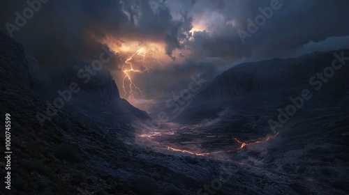 Electrifying Lightning Storm Illuminating Dark Valley with Dramatic Shadows and Highlights