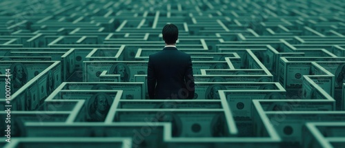 Businessman navigating a maze of money in a confusing financial landscape.