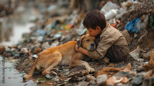 The pour child hug with him stray dog and a stray dog rummaging for food in a pile of garbage. Generative AI Illustration.