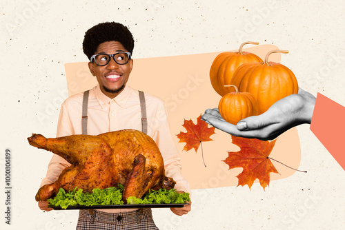 Sketch image trend collage of autumn season happy thanksgiving day feast young man hand hold tasty turkey dinner give pumpkin banquet