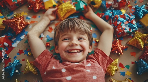 Family unboxing holiday decorations from storage boxes and reminiscing about previous festive seasons Large space for text in center Stock Photo with copy space