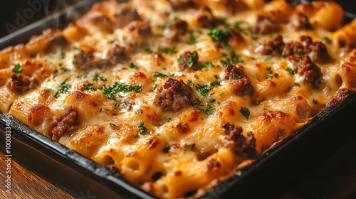 Cheesy pasta bake with ground meat, steaming and savory