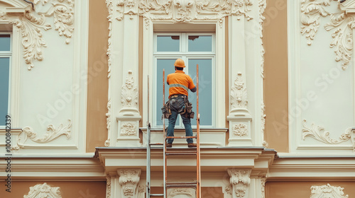 Pracownik zajmujący się renowacją klasycznego budynku z determinacją odnawia elewację. 