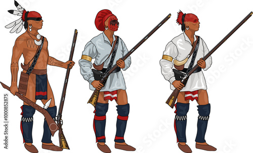 Set of Three 18th century Native American Iroquois Warriors with Weapons, Illustration Isolated on Transparent Background, EPS 10 Vector