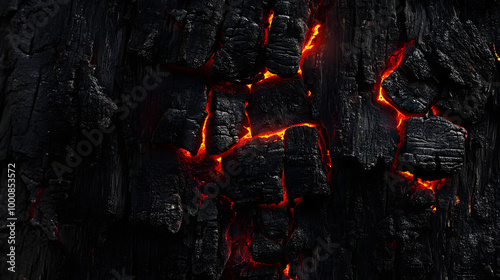 Dark black background of burnt wood with red hot embers still burning.