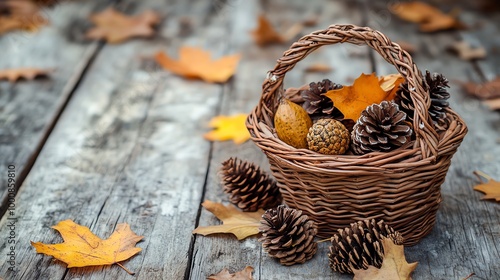 A wicker basket filled with pine cones and fall leaves.