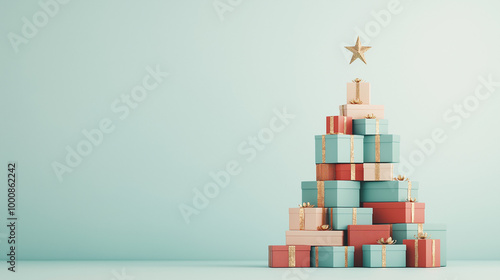 Act as you are photographer . Shot os christmast tree which made from layer of many gift boxes. Gift boxes color is red, green , blue and gold. Location is winter season color.