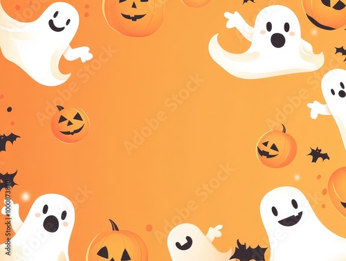 2408 32.A humorous Halloween design featuring floating cartoon ghosts and jack-o-lanterns with goofy expressions. The bright orange background provides space for text, making it ideal for a