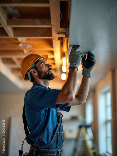 Electrician in yellow hard hat and blue uniform fixing ceiling wiring in a modern building interior, showing focus and precision in a work environment fulfilling safety protocols.