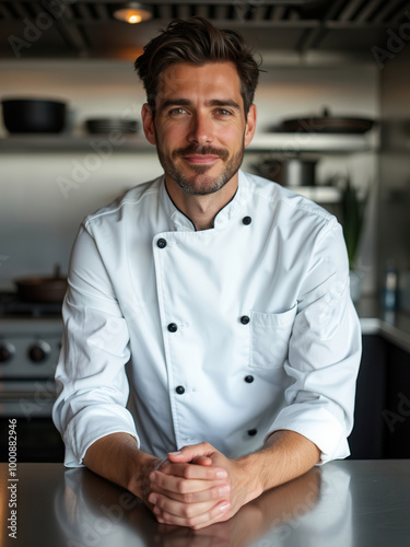 A professional chef, confidently standing in a modern kitchen, wearing a crisp white chef jacket and presenting a poised demeanor, surrounded by cooking utensils and ingredients.