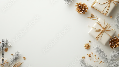 Elegant Christmas decorations featuring white gifts adorned with gold ribbons, pine cones, and festive foliage create warm holiday atmosphere