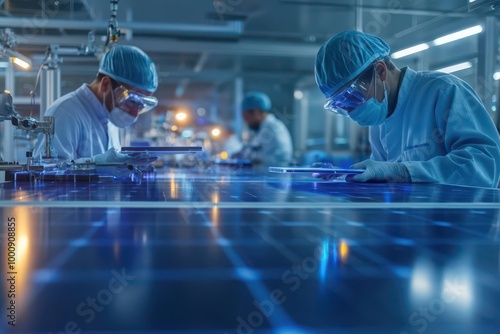 Solar panel production process in a cleanroom environment, with engineers inspecting quality, solar panel manufacturing, renewable energy production