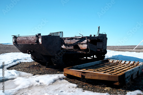 old rusty abandoned snow truck in svalbard