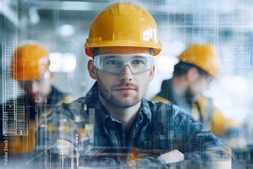 Superimposed image of a worker in an industrial workplace with collaborative brainstorming concept