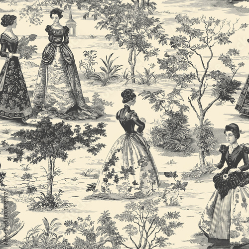 A Toile de Jouy seamless pattern with elegant Victorian ladies and gentlemen in garden settings