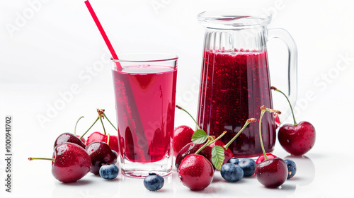 Fresh cherry and blueberry juice served in a glass and pitcher, surrounded by ripe fruits on a white background