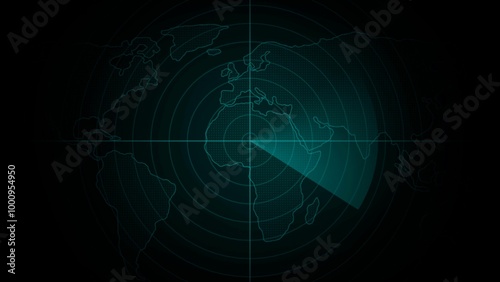 World map radar screen. Radar display showing enemy position. Navigation radar display.