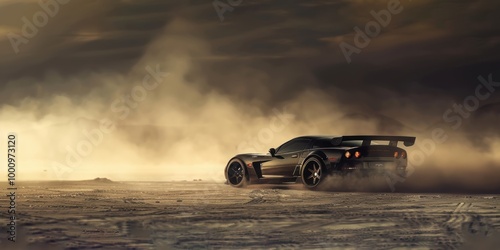 Black Corvette in a Desert Landscape