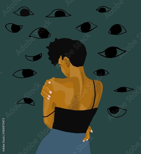 femme noire de dos yeux regard désapprobateur honte jugement illustration sombre vert