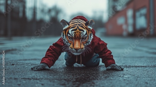 A child boy wearing a tiger mask crawling on the street. Quadrober youth subculture concept