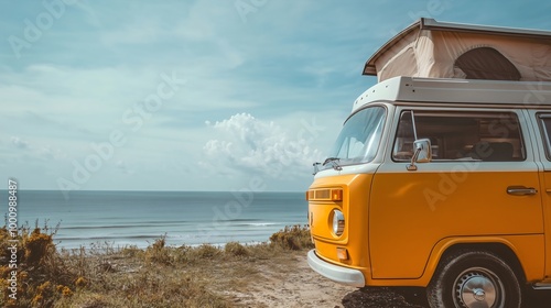 On a summer trip to the beach, a vintage camper van or an old combi takes travelers on a journey by the sea, vacation or holiday experience with adventure, freedom, tourism and the beauty of nature